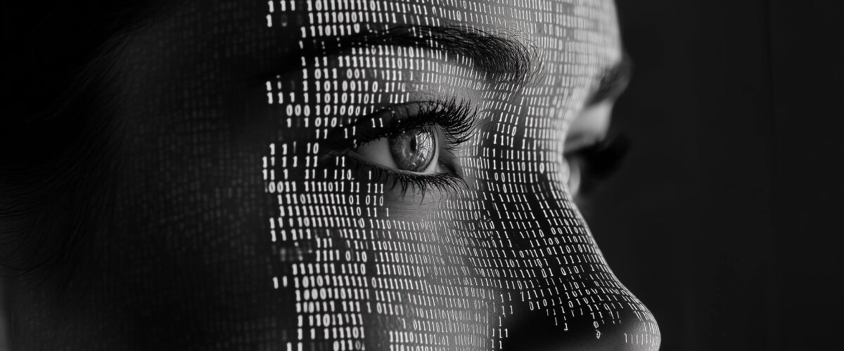 Concept art of an article about Deepfake Deception: How AI Is Changing Digital Reality: binary code overlaid on a human face (AI Art)