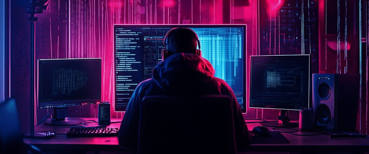 Concept art of an article about Ransomware Protection Strategies: hacker at computer with multiple screens displaying code (AI Art)