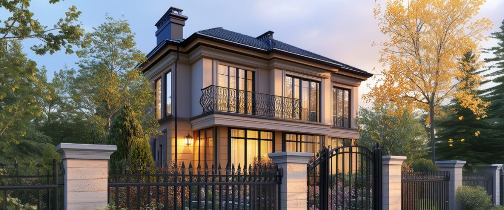 Concept art of an article about Buying Real Estate with IRA: Beautiful house with a strong security fence under a clear sky. (AI Art)