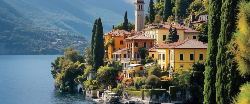 Concept art of an article about Best Places to Live in Italy: Lake Como with mountains, blue water, and luxury villas along the shore (AI Art)﻿