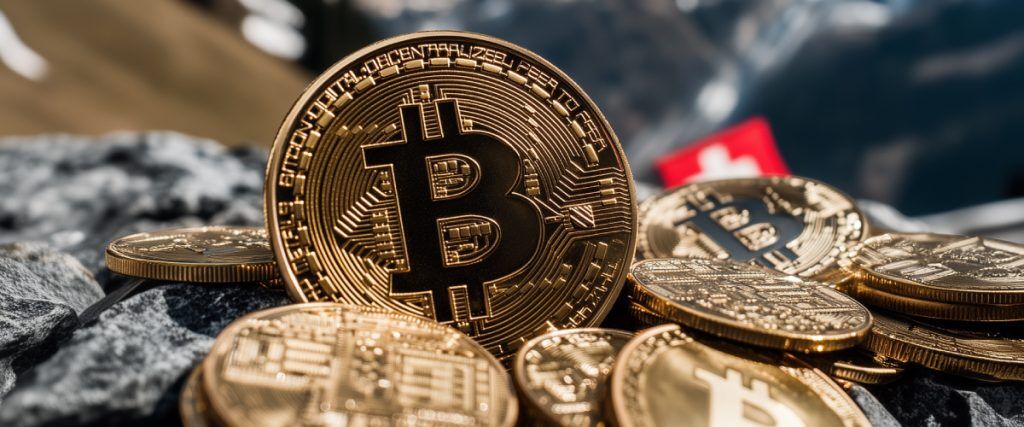 Concept art of an article about Crypto OTC Trading in Switzerland: Bitcoin coins in the Swiss Alps (AI Art)