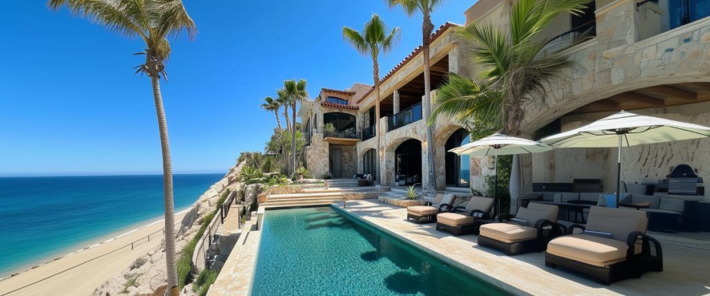 Concept art of an article about Navigating Foreign Real Estate Regulations for US Expats and Investors: Beachfront real estate in Cabo San Lucas with ocean view (AI Art)
