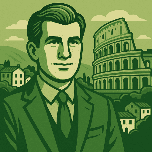 Concept art of a middle age avatar with a background illustrating Italy real estate (AI Art)