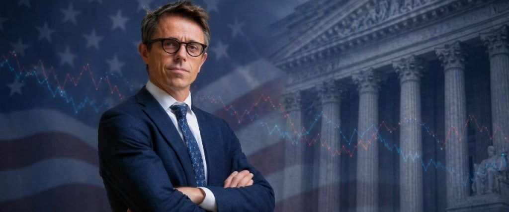 Concept art of an article about Does your financial advisor have home bias: business man in front of US flag (AI Art)