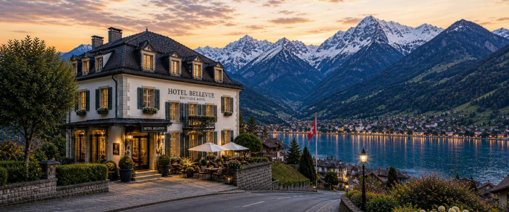 Concept art of an article about evaluating foreign real estate investment: Boutique hotel in Switzerland (AI Art)