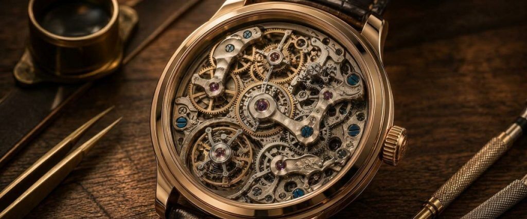Concept art of an article about Could Private Placement Life Insurance be the Perfect Structure: luxury mechanical watch with exposed movement (AI Art)