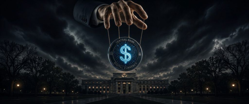 Concept art of an article about Worried About Central Bank Digital Currency: Puppet strings control a digital currency coin (AI Art)