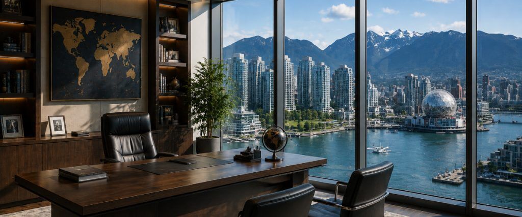 Executive office with a gilded world map and floor-to-ceiling windows over a harbour city and mountains (AI Art)