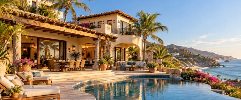 Spanish-style coastal villa with an infinity pool overlooking the sea at golden hour (AI Art)
