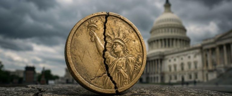 Cracked gold coin bearing the Statue of Liberty standing on broken stone before the US Capitol (AI Art)
