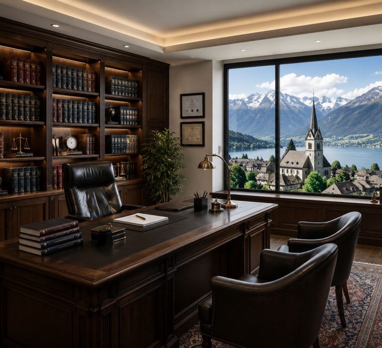 Wealth planning office with a panoramic view of a Swiss lakeside town and snow-capped Alps (AI Art)
