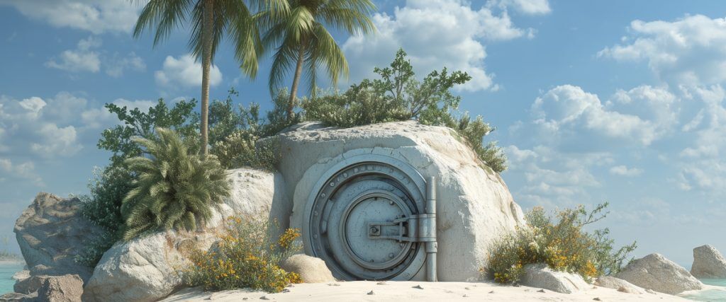 Concept art of an article about Offshore Scams: Secure safe on a tropical island (AI Art)