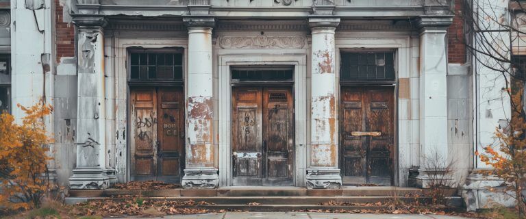Concept art of an article about Reasons Not to Keep Your Cash in the Bank: abandoned bank building (AI Art)