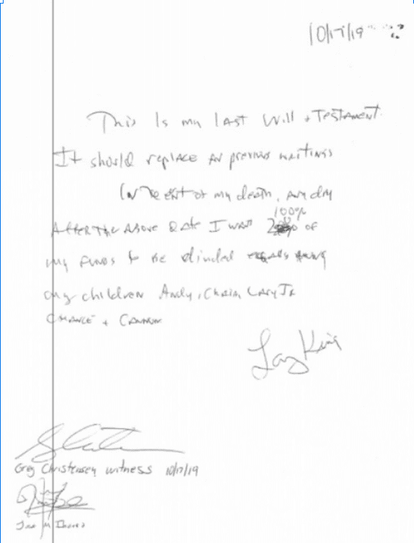 Article about Larry King Estate: Photo of Larry King’s handwritten will from 2019