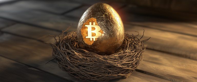 Concept art of an article about Can You Buy Bitcoin in a Roth IRA: Golden egg with Bitcoin inside in a nest (AI Art)