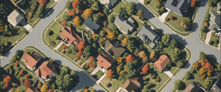 Concept art of an article about LLC for Rental Property: Suburban rooftops from above on a clear day (AI Art)