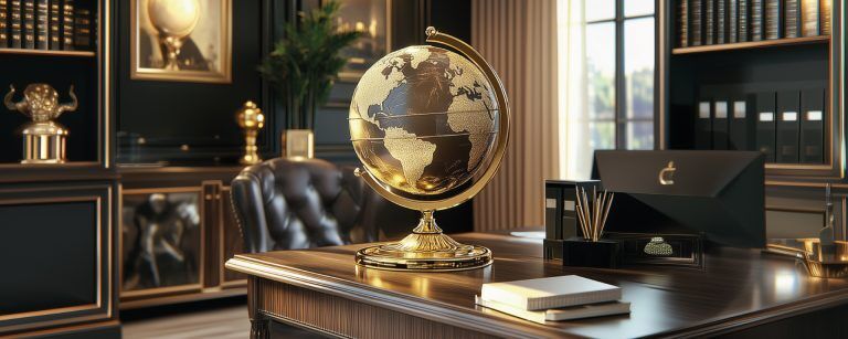 Concept art of an alert about Currency Diversification - fancy office with a golden globe on the table (AI Art)