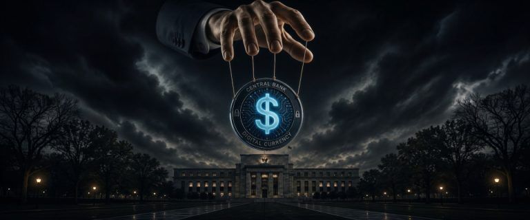 Concept art of an article about Worried About Central Bank Digital Currency: Puppet strings control a digital currency coin (AI Art)