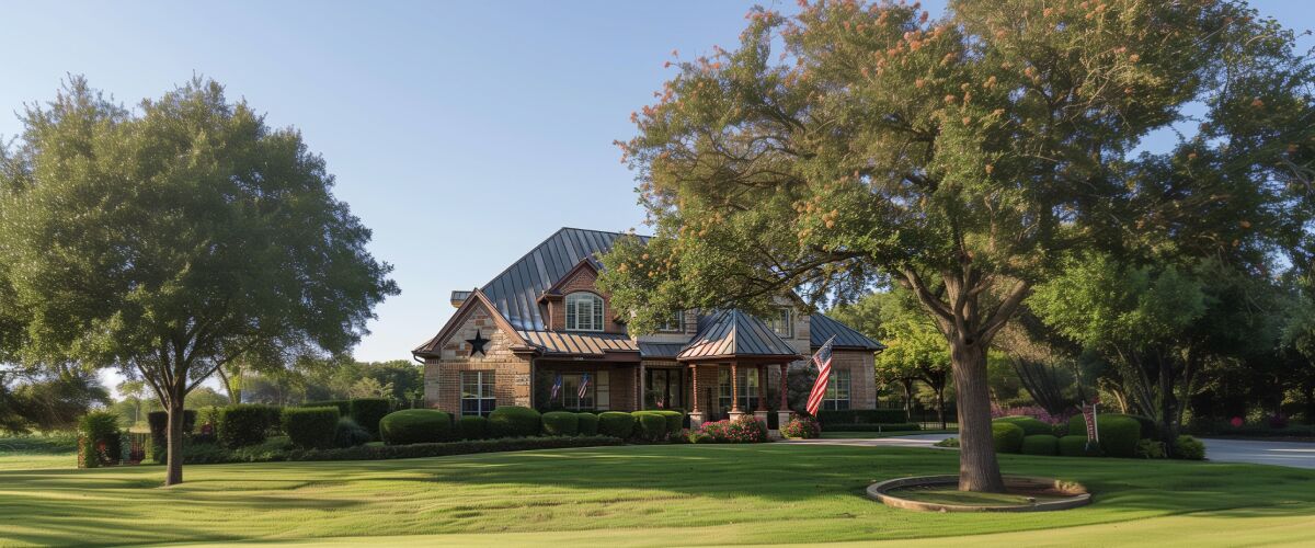 Concept art of an article about the History of Civil Forfeiture in the US: beautiful house and yard in Texas with American flag in front (AI Art)