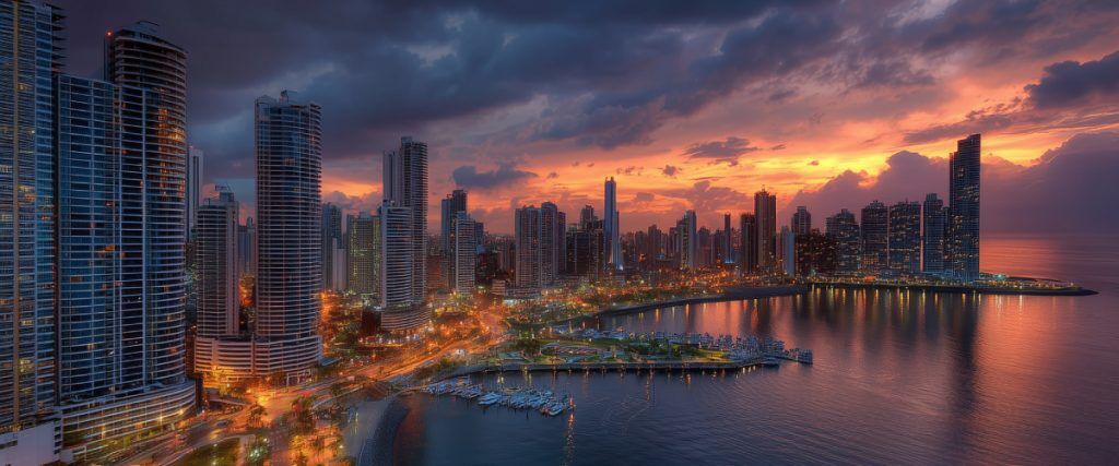 Concept art of an article about Buying Property in Panama: Panama City skyline at night (AI Art)