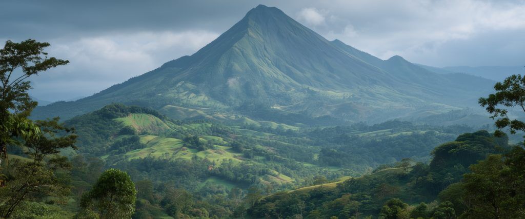 Concept art of an article about Safest Places to Live in Costa Rica for Americans: lush Costa Rican landscape with volcano, jungle, and flowers (AI Art)