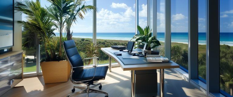 Concept art of an article about Offshore Banking Accounts for Tax Planning: Modern office with beach view (AI Art)
