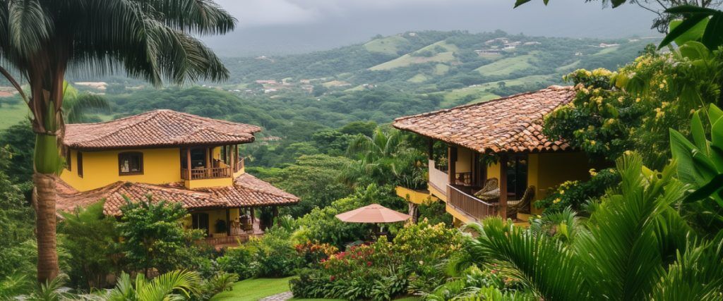 Concept art of an article about Buying Property in Costa Rica as an American: Modern houses with Costa Rican landscape in the background (AI Art)