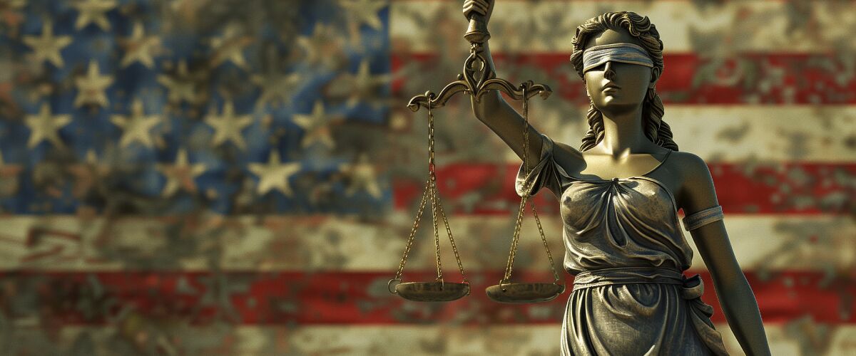 Concept art of an article about the National Asset Forfeiture Strategic Plan: Lady Justice in front of American flag (AI Art)