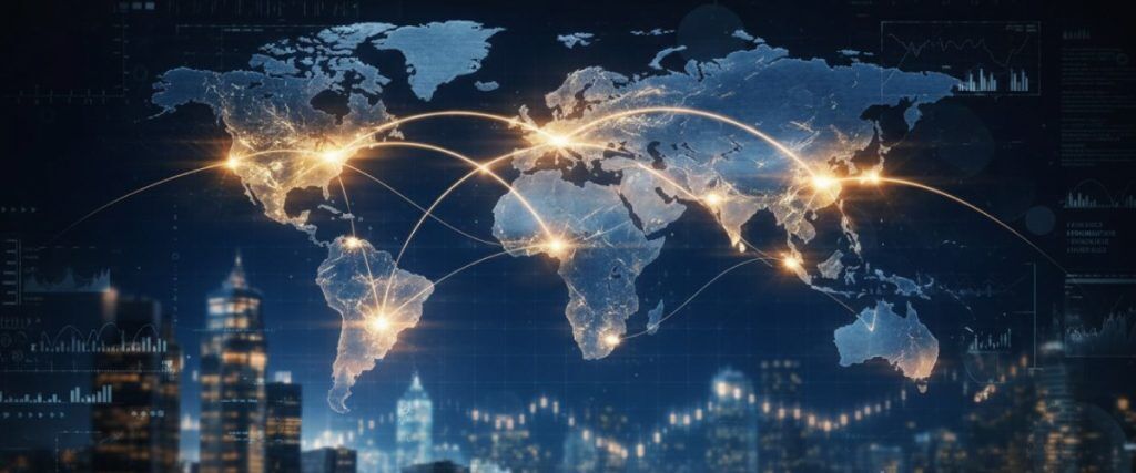 Concept art of an article about Americans Opening an Offshore Brokerage Account: World map showing connected global financial centers (AI Art)