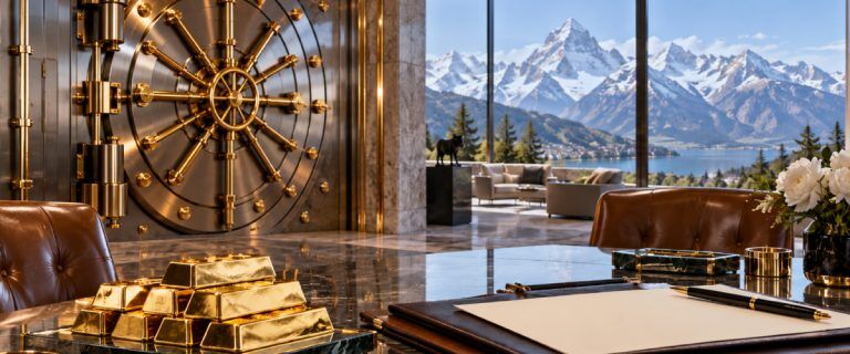 Gold bars and a leather document folder on a marble desk beside a vault door, with Alps beyond (AI Art)