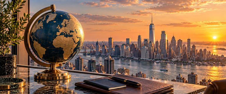 Gilded globe and leather folder on a marble desk overlooking the New York skyline at sunset (AI Art)