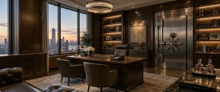Executive office at dusk with a steel vault door, world map and city skyline through the window (AI Art)