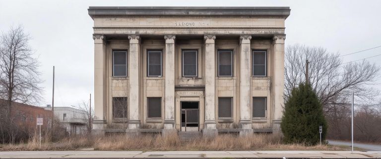 Concept art of an article about the Financial Banking Crisis 2023: abandoned American bank building (AI Art)