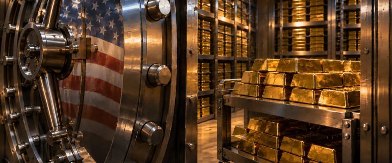 Open vault door bearing a US flag design, with gold bars stacked on a trolley and shelves inside (AI Art)