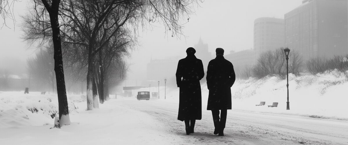 Concept art of an article about Cold War Nuclear Close Calls: Lessons for Today’s Ukraine Conflict: two man in long coats walking on a road with snow (AI Art)