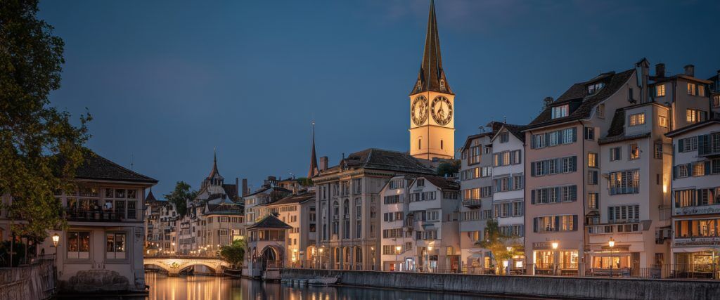 Concept art of an article about Swiss Asset Management for US Investors: Zurich at night (AI Art)