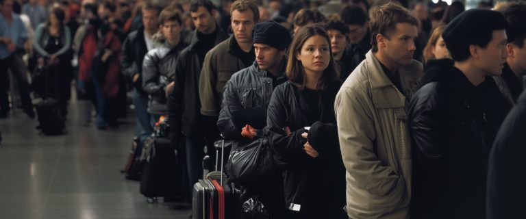 Concept art of an article about TSA Security Theater: long lines of passengers at airport security checkpoint (AI Art)