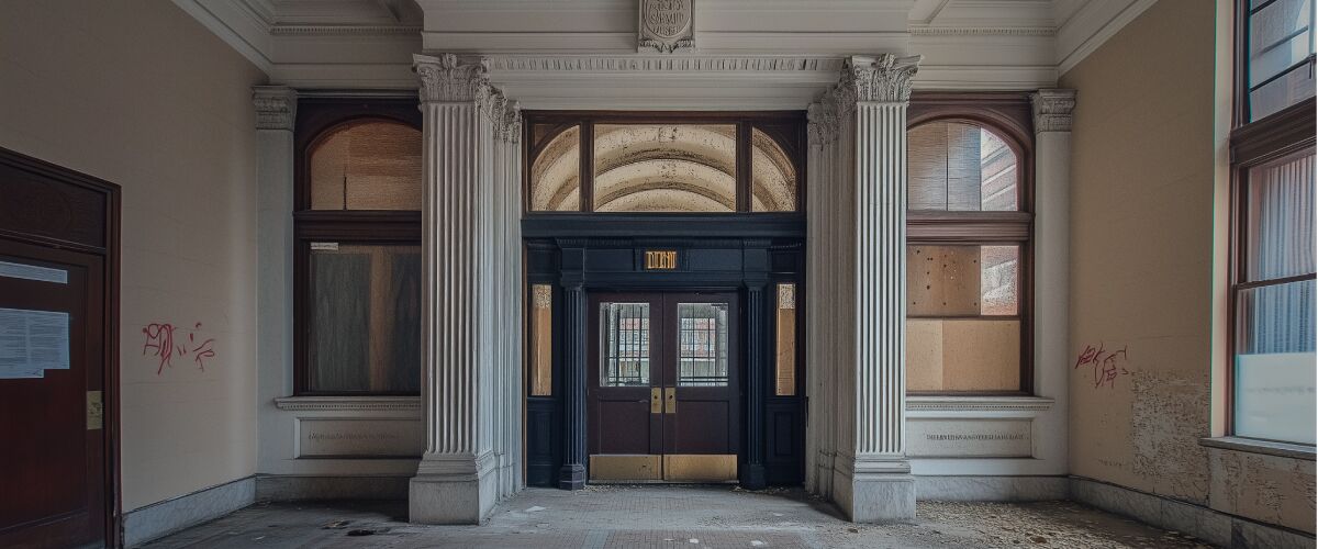 Concept art of an article about Global Economic Slowdown: Warning Signs and Survival Strategies: interior of an abandoned bank (AI Art)