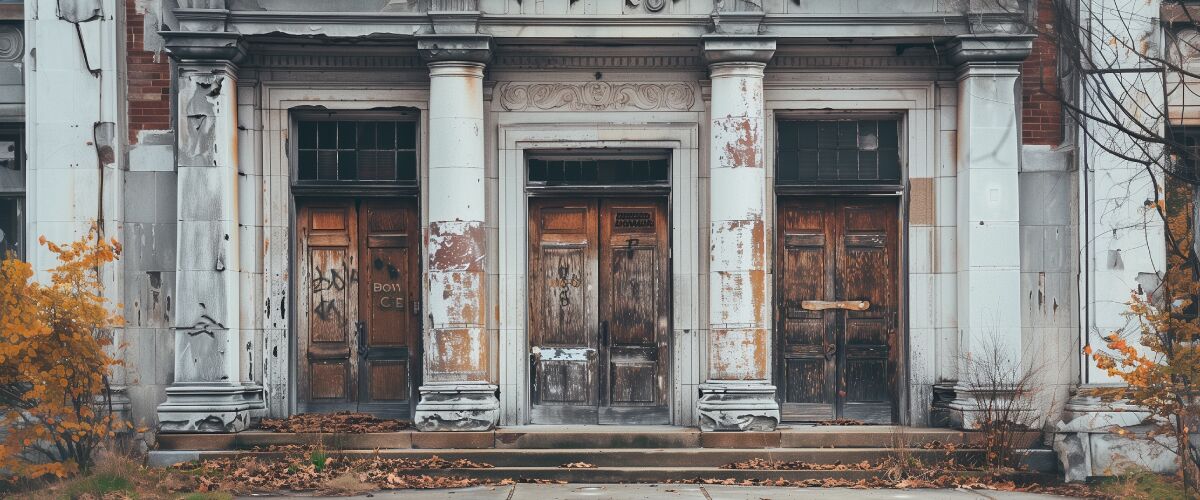 Concept art of an article about Reasons Not to Keep Your Cash in the Bank: abandoned bank building (AI Art)