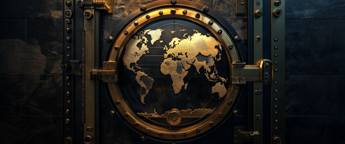 Concept art of an article about TOp Reasons for Moving Assets Offshore: vault door with gold world map symbolizing global asset protection (AI Art)
