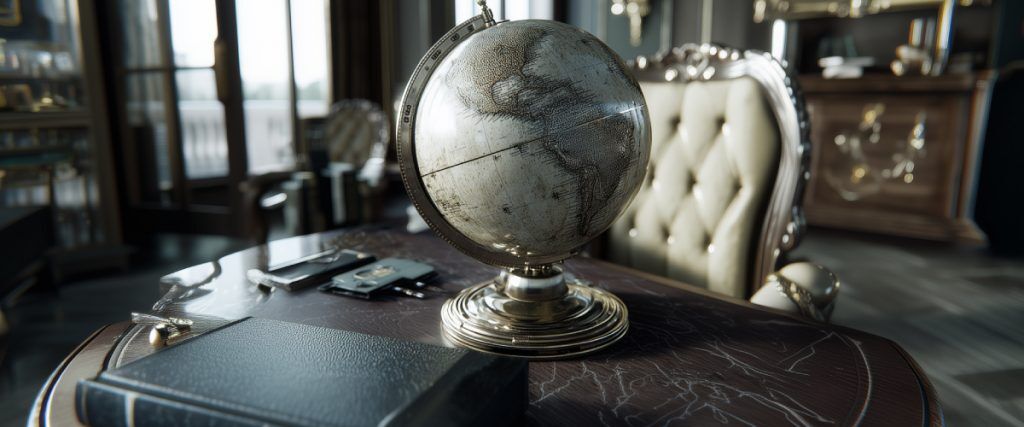 Concept art of an article about International Diversification: Globe in office (AI Art)