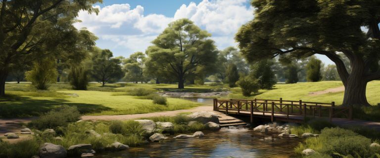 Concept art of an article about Illinois Land Trusts: A bridge over a stream in a tranquil field (AI Art)