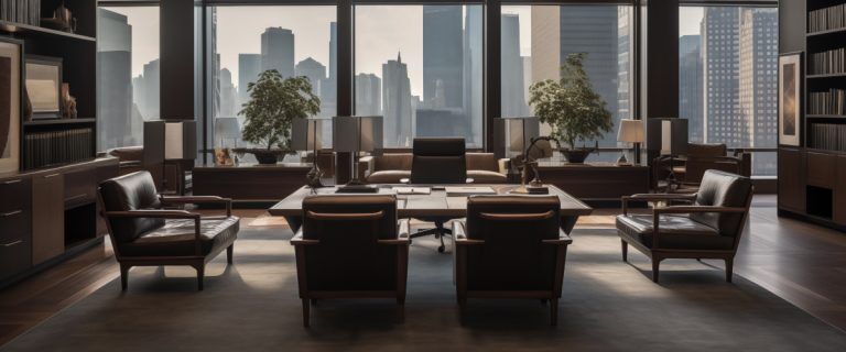 Concept art of an article about Domestic Asset Protection Trust States: elegant lawyer's office with wooden furniture and view of a metropolitan city (AI Art)