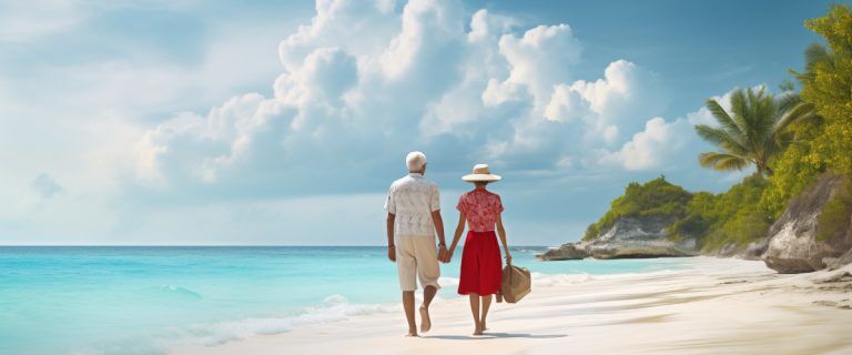 Concept art of an article about the cheapest Citizenship by Investment: a retired couple walking on a beautiful beach in the Caribbean (AI Art)