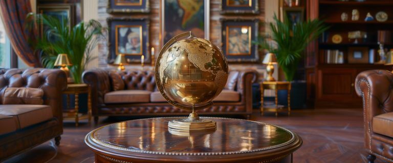 Concept art of an article about How to Ship Gold Internationally: rich wooden living room with a golden world globe on a round wooden antique table (AI Art)
