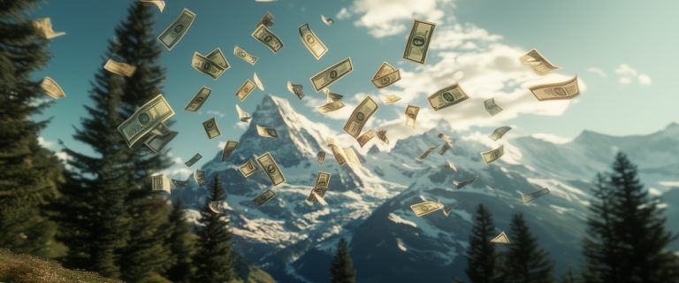 Concept art of an article about New Anti-Trump Clients of Swiss Banks Driven by Fear: US dollars falling over Swiss Alps (AI Art)