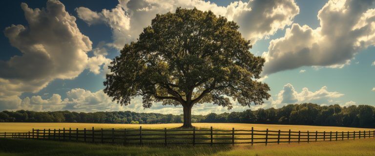 Concept art of an article about Private Trust Companies - Private Trust Company: Strong oak tree in a fenced field (AI Art)