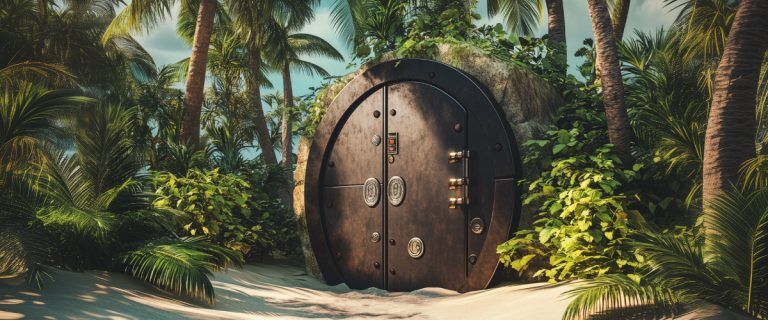 Concept art of an article about Foreign Trusts: Offshore vault on tropical island (AI Art)
