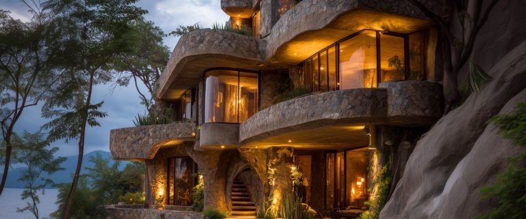 Concept art of an article about finance foreign real estate, modern house in Mexico with tropical landscaping (AI Art)