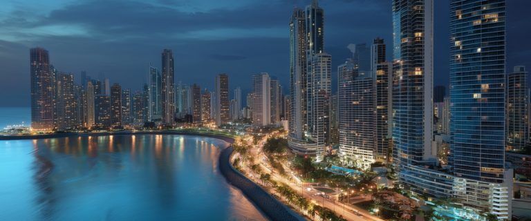 Concept art of an article about Panama Residency: Panama City skyline at sunset (AI Art)